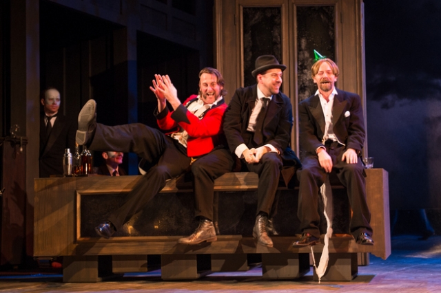 Vince Leigh (Sir Toby Belch), Liam O'Brien (Feste) and John Dougall (Sir Andrew Aguecheek) in Propeller's Twelfth Night by William Shakespeare. Photo by Manuel Harlan