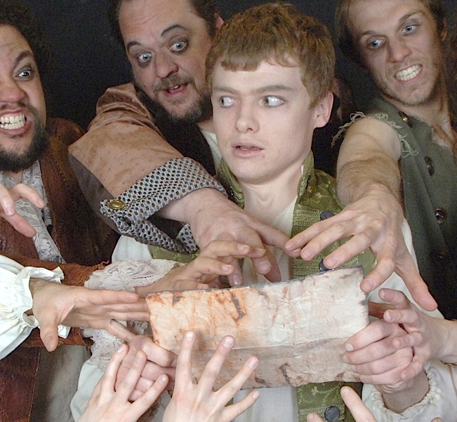 Young Jim Hawkins (Jason Paul Andrews) and Long John Silver (David Tufford) with Derek “Duck” Washington and Steve Looten, Jr. Photo by copyright Act One, Too, Ltd.