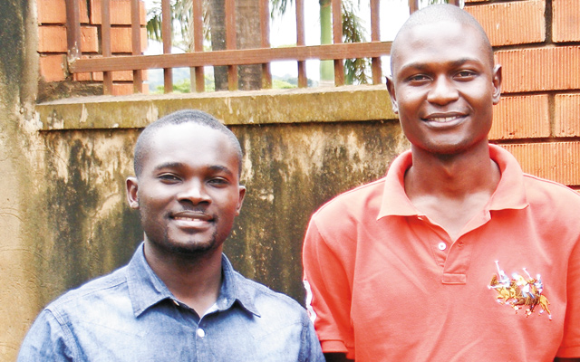 Andrew (blue shirt, an ardent Ally and Bishop Senyonjo’s nephew) is the Programs Director at SPREC; Moses (red shirt) is an Ally and a faith-based activist. Photo courtesy of David R. Weiss