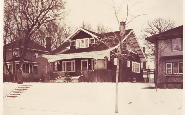 "Historic real estate photos are a great resource in determining a house’s original appearance," says David. Note the open front porch. Photo courtesy of Hennepin History Museum; Original dining room buffet: "The house had good bones."