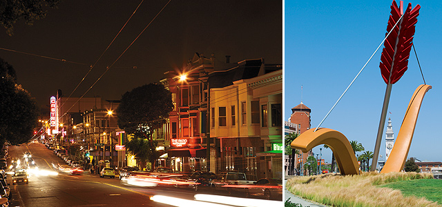 (Clockwise from left) Castro at Night; Cupid's Span; California Street Cable Cars. San Francisco Travel Association photos.