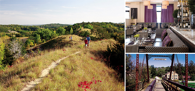 (Clockwise from left) Loess Hills, photo by Erich Ernst; Hotel Blackhawk, photo by Alise O'Brien Photography; Bentonsport (Villages of Van Buren), photo by Phil Augustavo; Autumn River Scene, photo courtesy of iStockphoto.