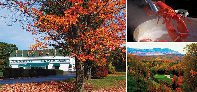 (Clockwise from left) Ogunquit Playhouse, photo by Robert Dennis; Miranda Havalotti Cooking Lobsters, photo by Cynthia Farr-Weinfeld; Foliage at Sugarloaf Golf Course, photo courtesy of Maine Office of Tourism.
