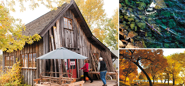 (Clockwise from left) A Fall Day at Stony Run Woods; Sea Kayaking on Lake Superior; Golden Leaves around Lake Harriet; Grand Marais on the North Shore. © Explore Minnesota Photos.