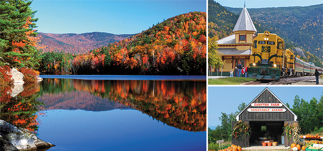 (Clockwise from left) NHDTTD/Dale Lary- Perch Pond in Campton; NHDTTD/Debbie Hill- Conway Scenic Railroad's Crawford Station; NHDTTD/Ellen Edersheim- Vegetable Stand, Campton Farm.