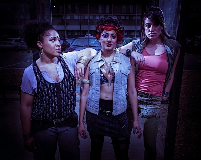 L-R: Girl 2 (Joetta Wright), Kalki (Lipica Shah), Girl 1 (Cat Brindisi). Photo courtesy of Mixed Blood Theater.