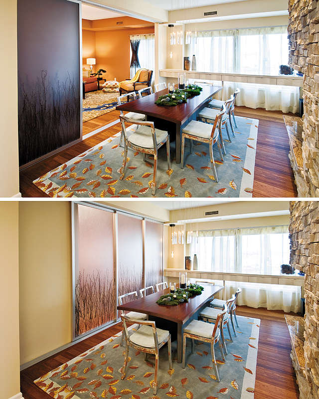 A decorative sliding door can transform an open living area into a cozy dining space for intimate dinner parties. Photos by Rik Sferra