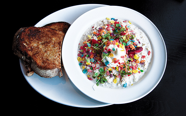 Bircher Muesli is an ode to Trix only better for you with oats, hazelnuts and topped with Fruity Pebbles. Almost too pretty to eat, but do.