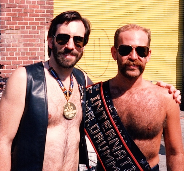 Hanging out with Keith Hunt, the new International Mr. Drummer, at the 1994 Folsom Street Fair. Photo by Ken Binder.
