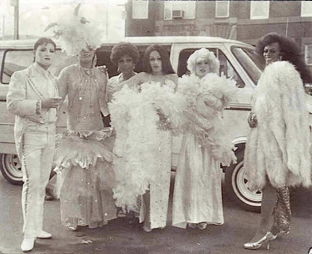 The likenesses of Joel Grey (from left), Carmen Miranda, Shirley Bassey, Cher, Marilyn Monroe and Diana Ross marched with the Trilby String Band in the 1985 Mummers’ Parade. Credit: Harry Eberlin