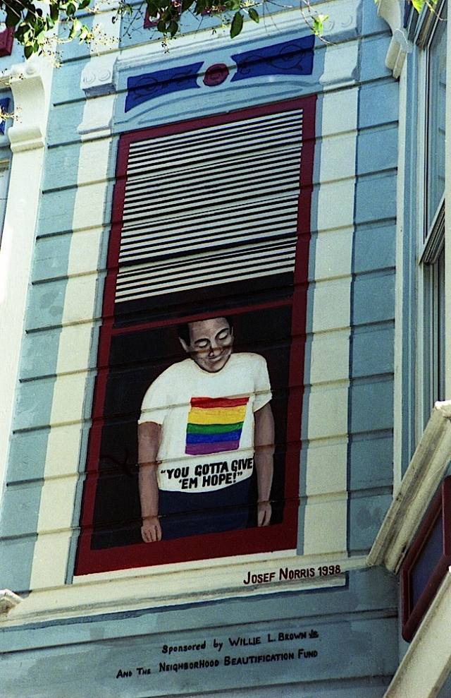 A mural of the late San Francisco Supervisor Harvey Milk is painted outside his former camera shop in the Castro. Photo: Rick Gerharter.