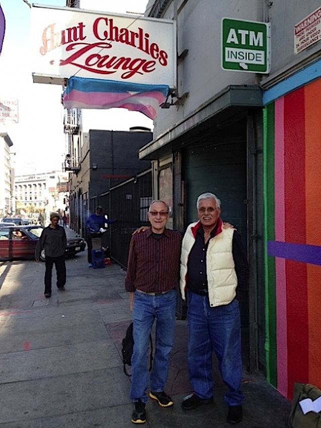 Paul Lee (left) and Louie Lopez stand outside Aunt Charlie's Lounge, one of the last gay bars in the Tenderloin. Photo: Seth Hemmelgarn.