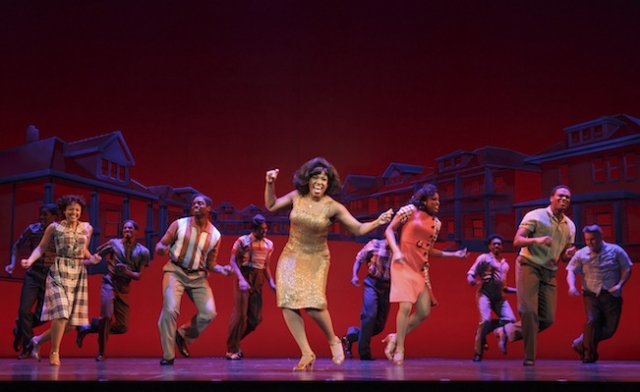 Patrice Covington as Martha Reeves (center) performs "Dancing In The Streets" with the cast of Motown The Musical. Photo by Joan Marcus