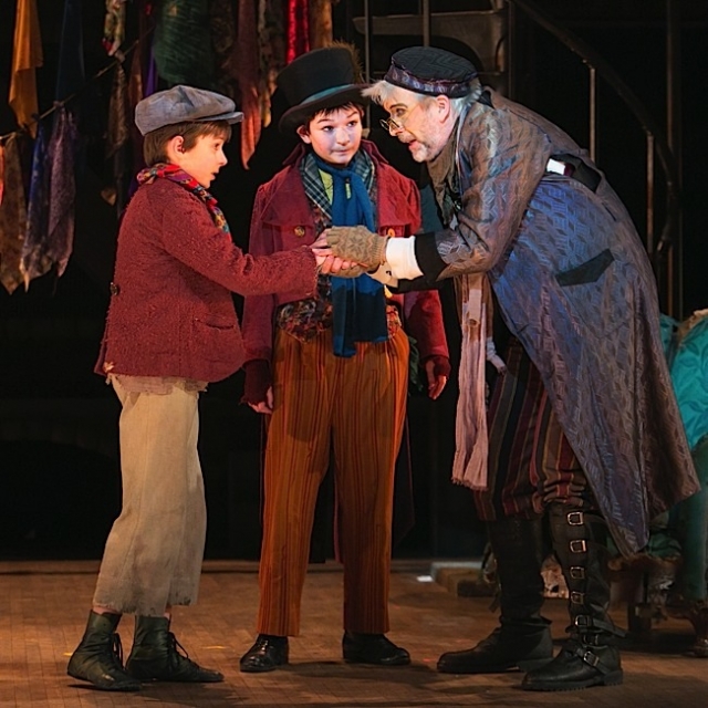 Nate Turcotte as Oliver, Alec Fisher as The Artful Dodger and Bradley Greenwald as Fagin. Photo by Heidi Bohnenkamp.