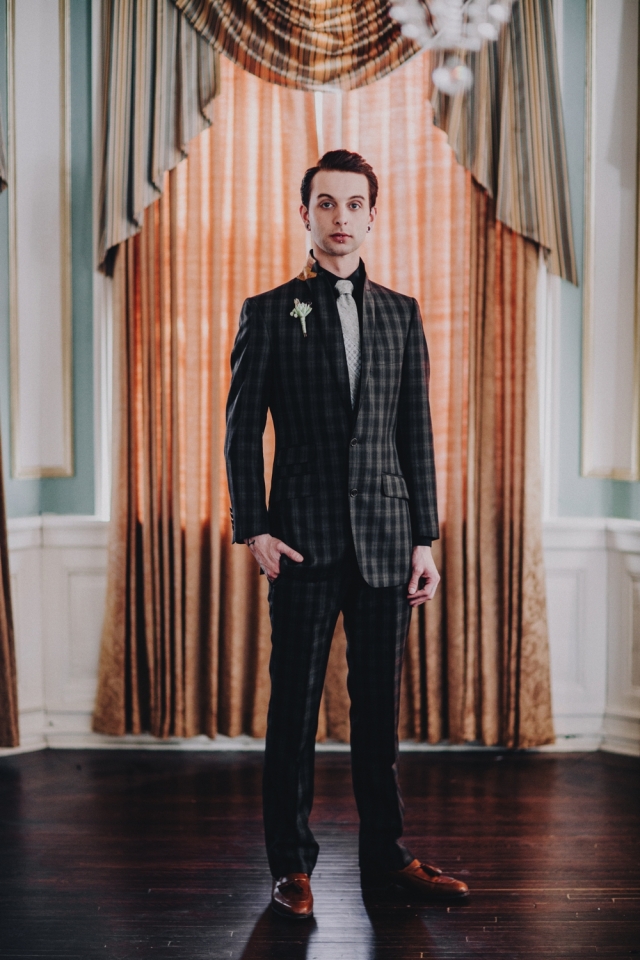 Custom-made suit by Astor & Black with gold paisley under-collar (pricing available upon request) from Dapper Dan Michael; Shoes by Ferragmo; Boutonniere from Flora Bella. Photography by Matt Lien Photography