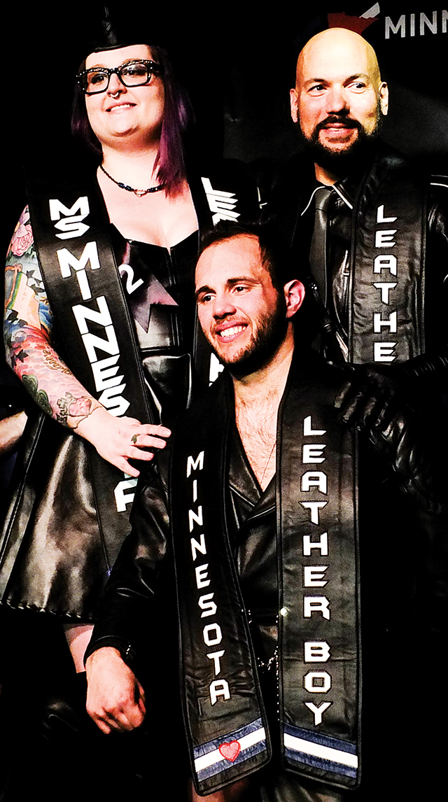 Aurora Lee, Ms. Minnesota Leather Pride 2015; Boy Woody, Minnesota Leatherboy 2015; and Ivan Nunez, Minnesota Leather Sir 2015. Photo by Steve Lenius