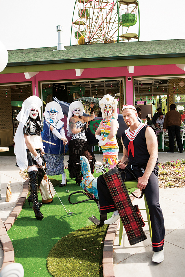 Sister Jenna I'Talia, Sister Girtha Rotunda, Sister Mia DuBois, Sister Hilda Clyme, and Guard Boston Joe getting in some time on the mini-links at Betty Danger's Country Club. Photo by Hubert Bonnet