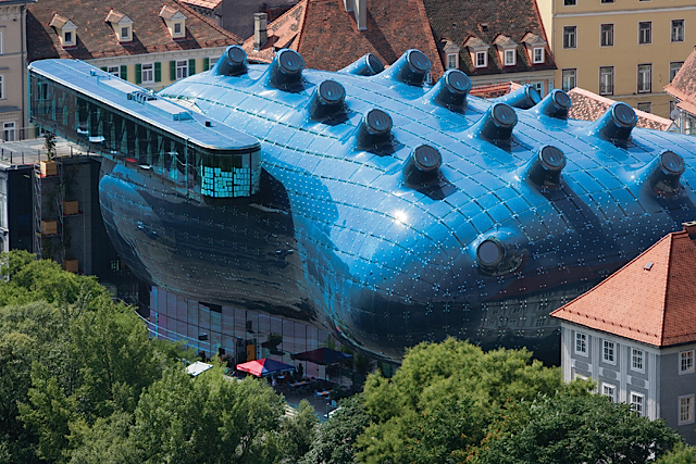 Kunsthaus Graz, or Graz Art Museum, was built as part of the European Capital of Culture celebrations in 2003 and has since become an architectural landmark in Graz, Austria. © Graz Tourismus - Harry Schiffer
