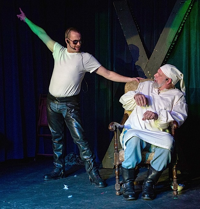 The Ghost of Christmas Past (left, played by Tim Hotchkin) invites Scrooge to revisit his youth. Photo by Everett Allen Photography.