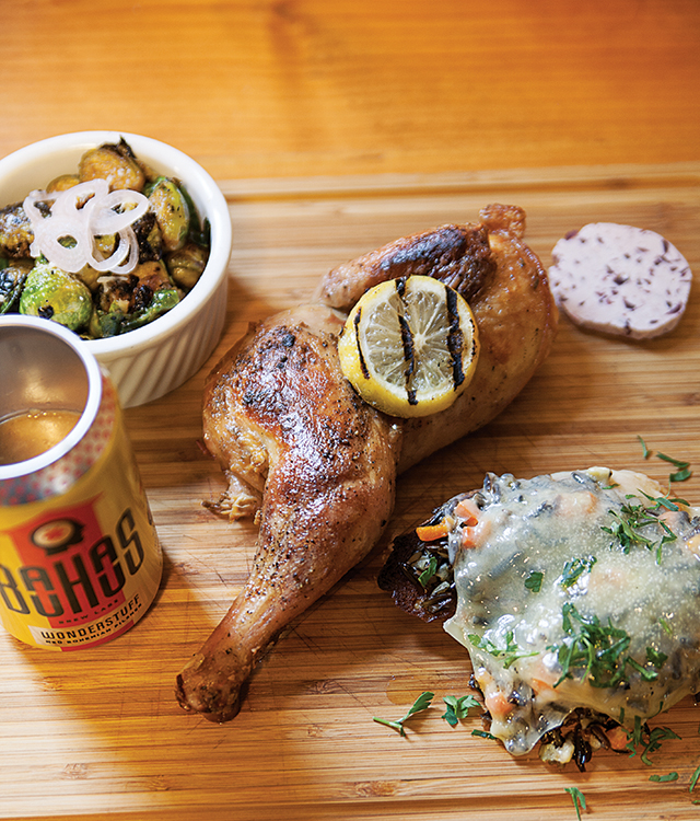 Beer can chicken with Wonderstuff gravy and sides of wild rice crouton with mire poix and gruyere and a delicious serving of brussels sprouts.