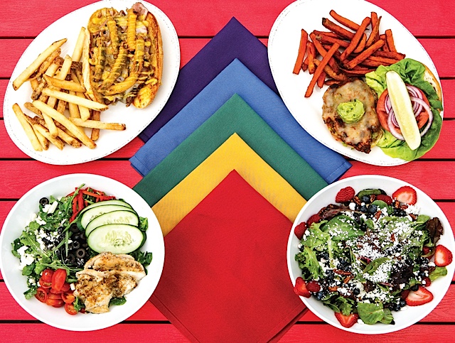 Clockwise from top left: Cubano topped with pickle fries and side of house fries; Blackened chicken sandwich with ghost pepperjack cheese and side of sweet potato fries; Seasonal berry salad; Greek quinoa salad with chicken.
