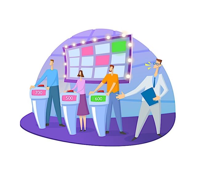 Quiz Show Tv-studio With Host And Contestants. Screen, Stands And Lights. Colorful Flat Vector Illus Photo courtesy of BigStock/Good-Stock