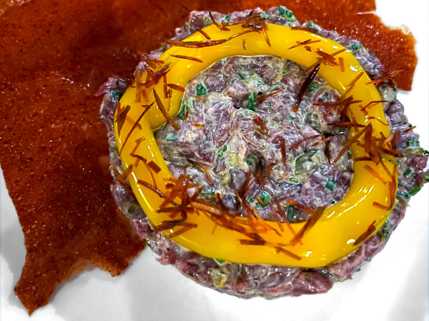 Close-up shot of a venison tartare.