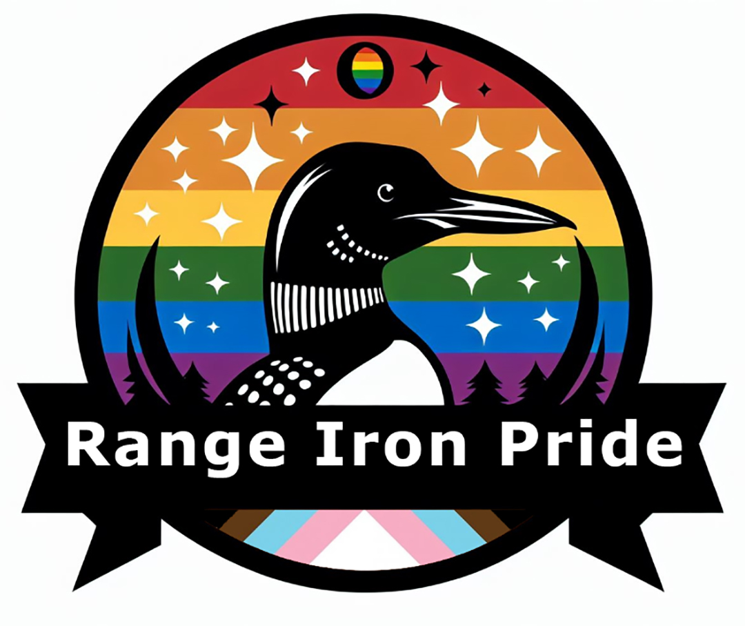 Range Iron Pride logo features a loon, stars, and rainbows stripes background.