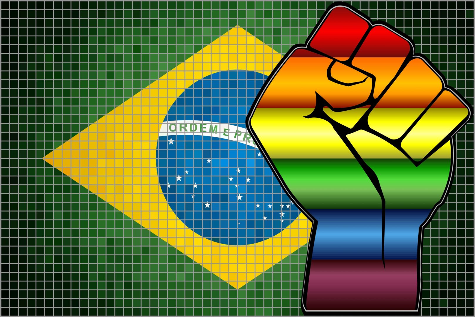 Rainbow fist raised in triumph over flag of Brazil.
