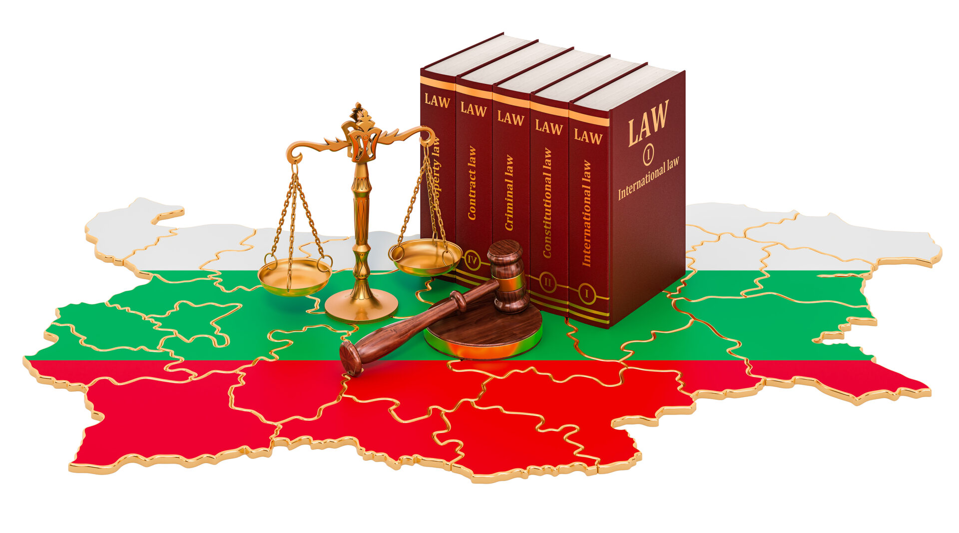 Law books and scales of justice sitting on map of Bulgaria in colors of Bulgarian flag.