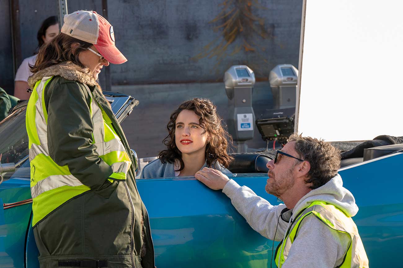 Writer Tricia Cooke, and actor Margaret Qualley during a production take.