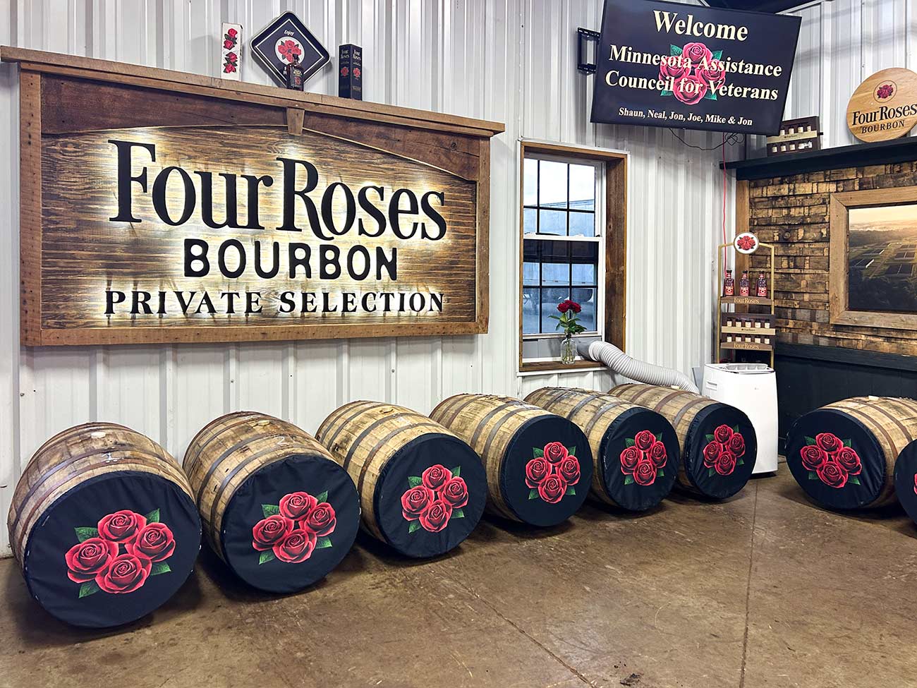 Four Roses Bourbon Private Selection room with bourbon barrels.