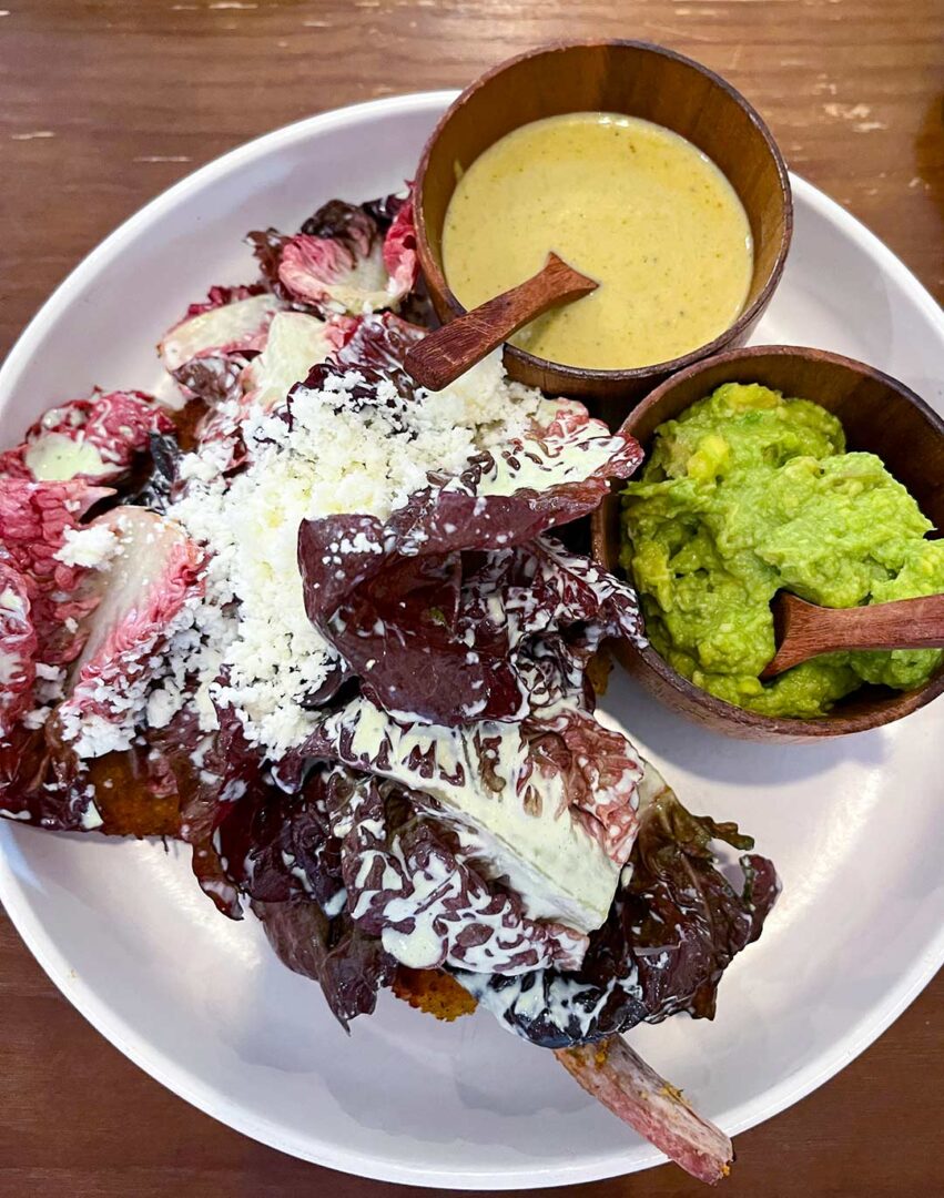 Plate with Milanesa de Puerco with sauce and guacamole.