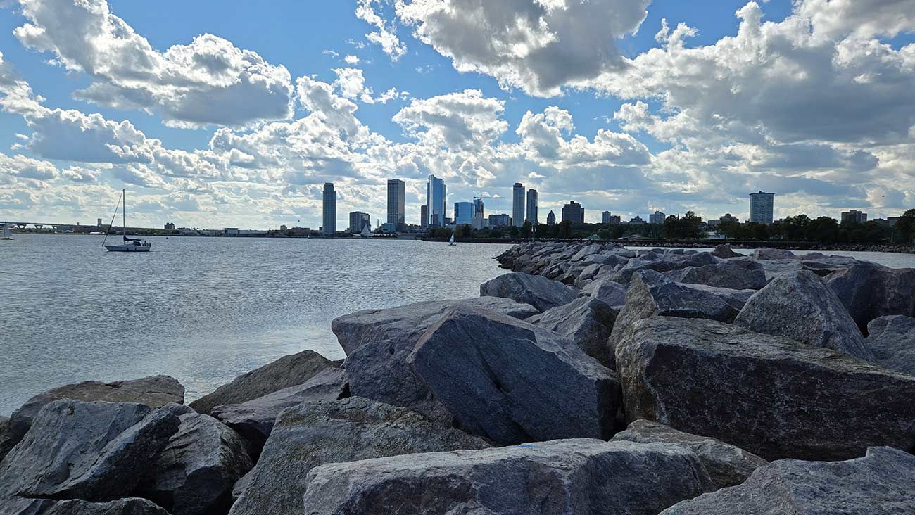 Milwaukee skyline shot from the shore.