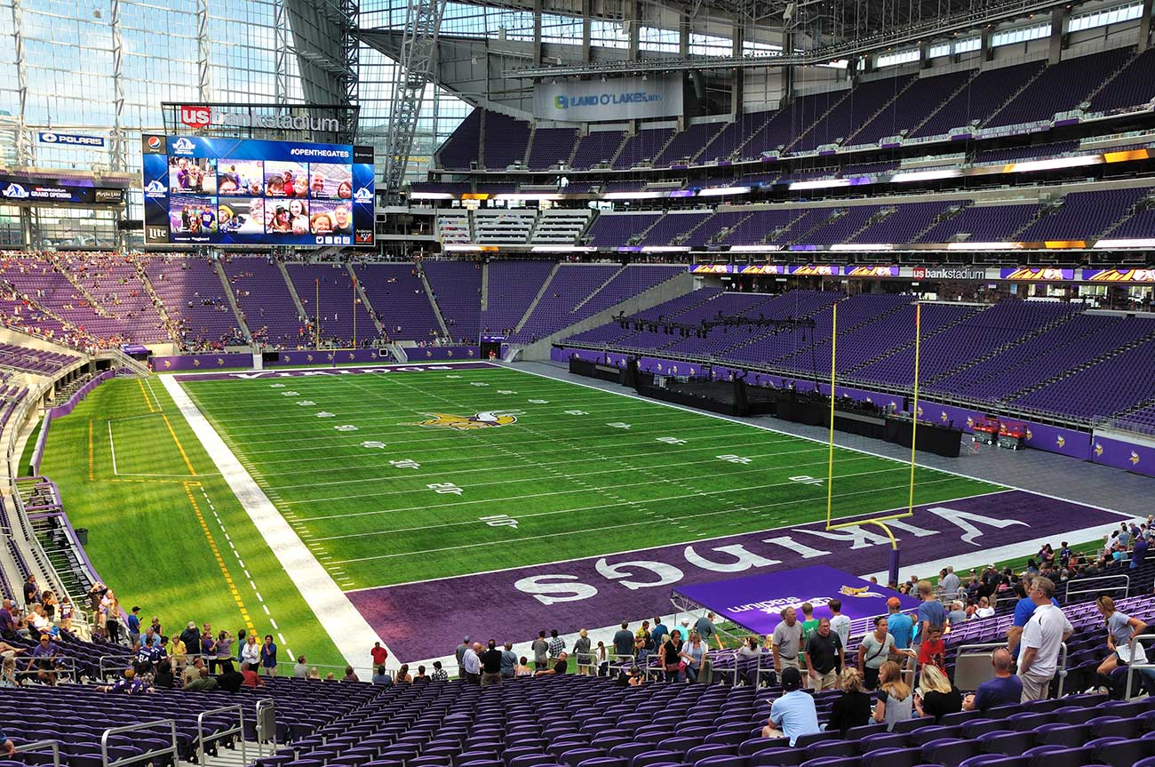 Interior of Minnesota Vikings US Bank Stadium in Minneapolis on a sunny day.