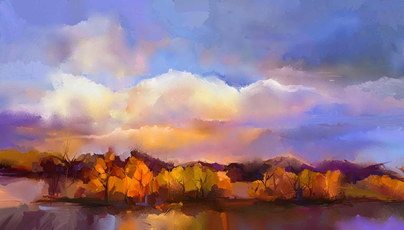 Oil painting of a sunset fall season landscape nature background.