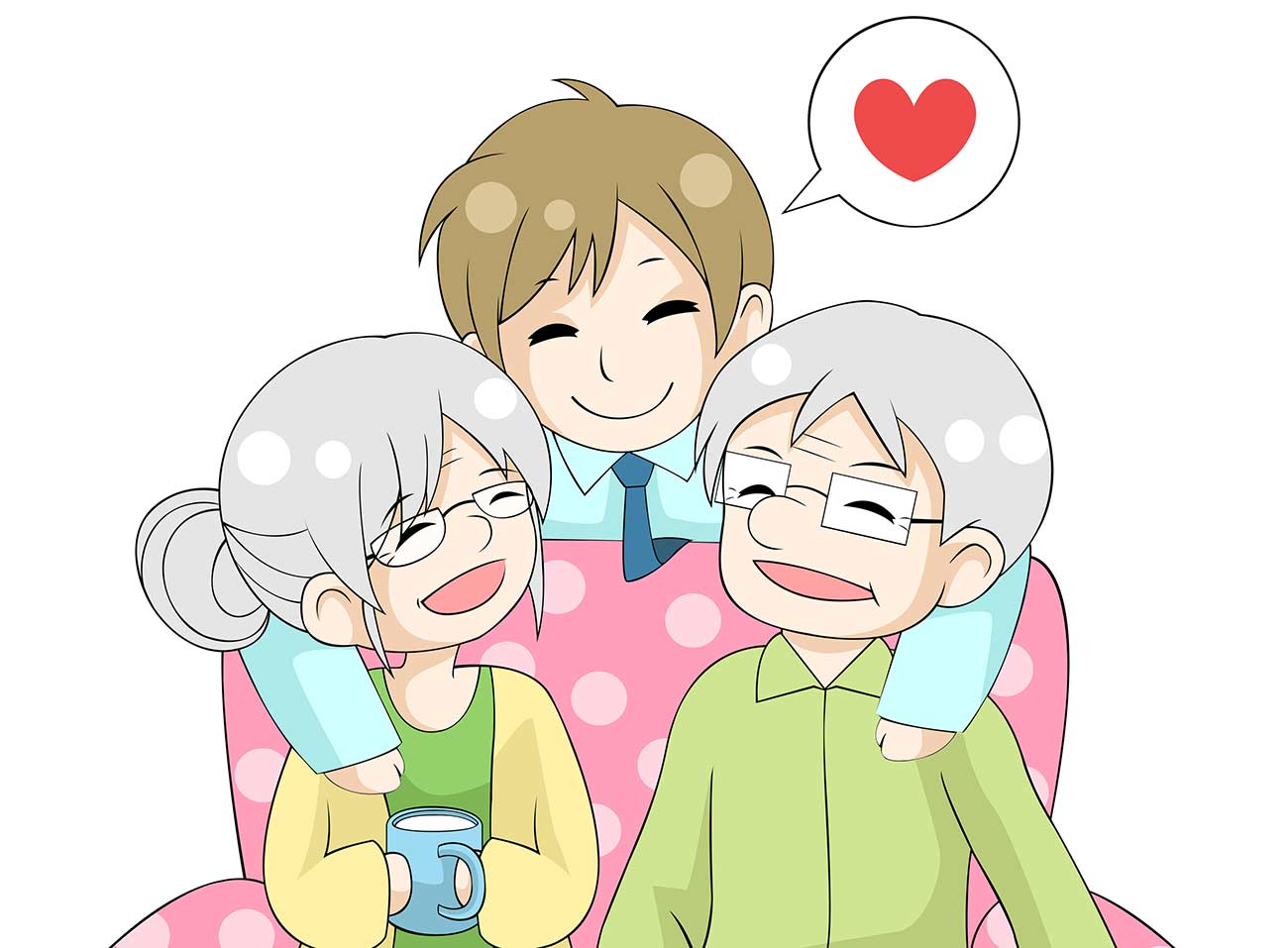 Cute cartoon son is hugging his parents from behind the sofa with love.