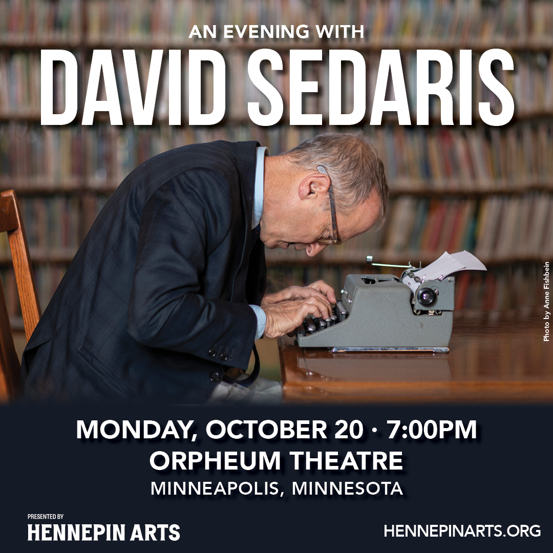 Promotional poster showing David Sedaris typing on an old-fashioned typewriter.