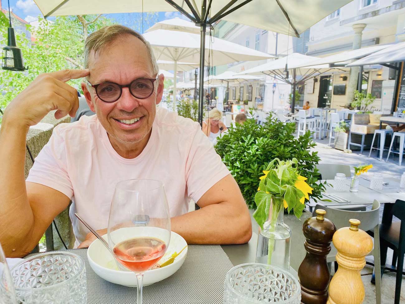 Jim St. George having lunch in Ljubljana, Slovenia.