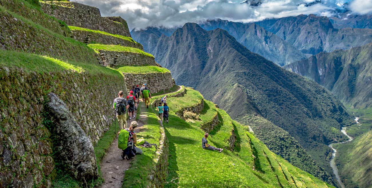 View of hikers taking the Inca Trail Trek to Machu Picchu.