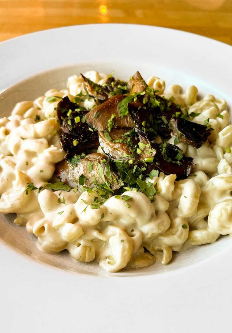 Mac+Cheese with Smoked Gouda Cheese Sauce, Shiitake Bacon.