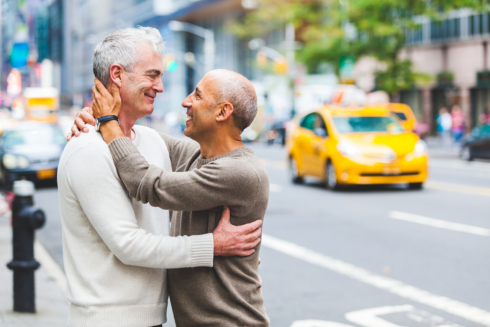 Senior gay couple, smiling and happy in New York City.