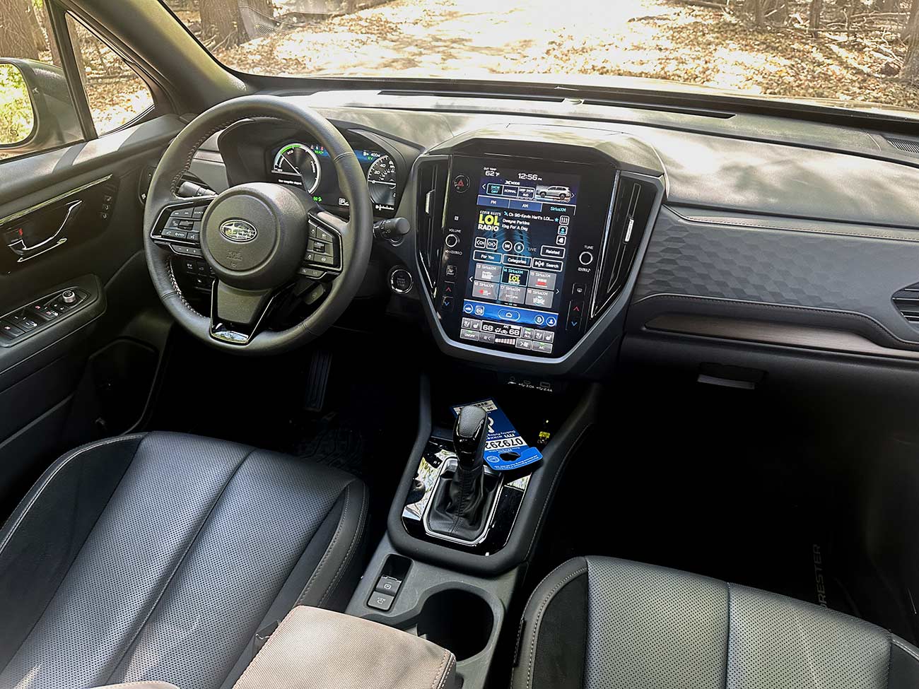 Close-up of the dashboard and display screen of the Subaru Firester.