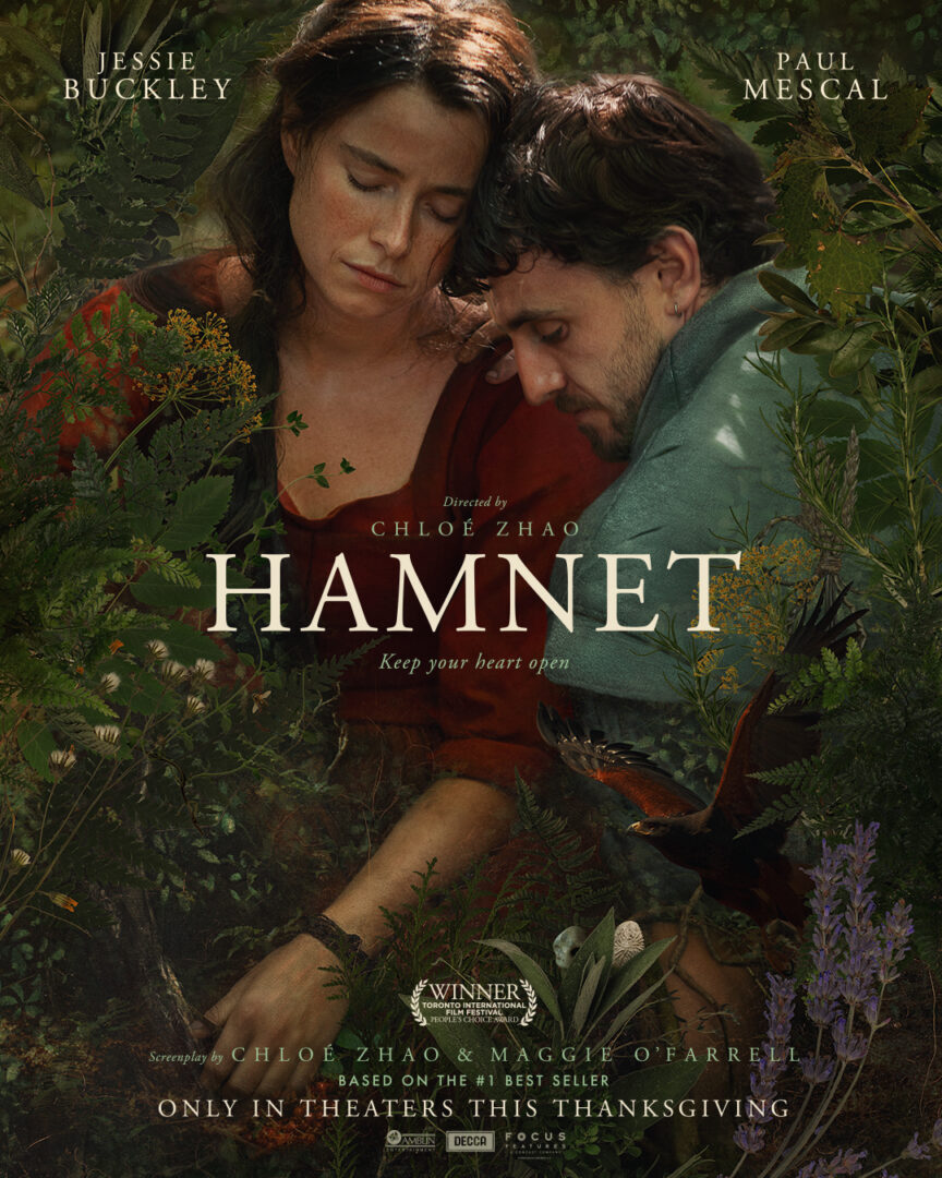 Official movie poster for the "Hamnet" movie starring Paul Mescal and Jessie Buckley.