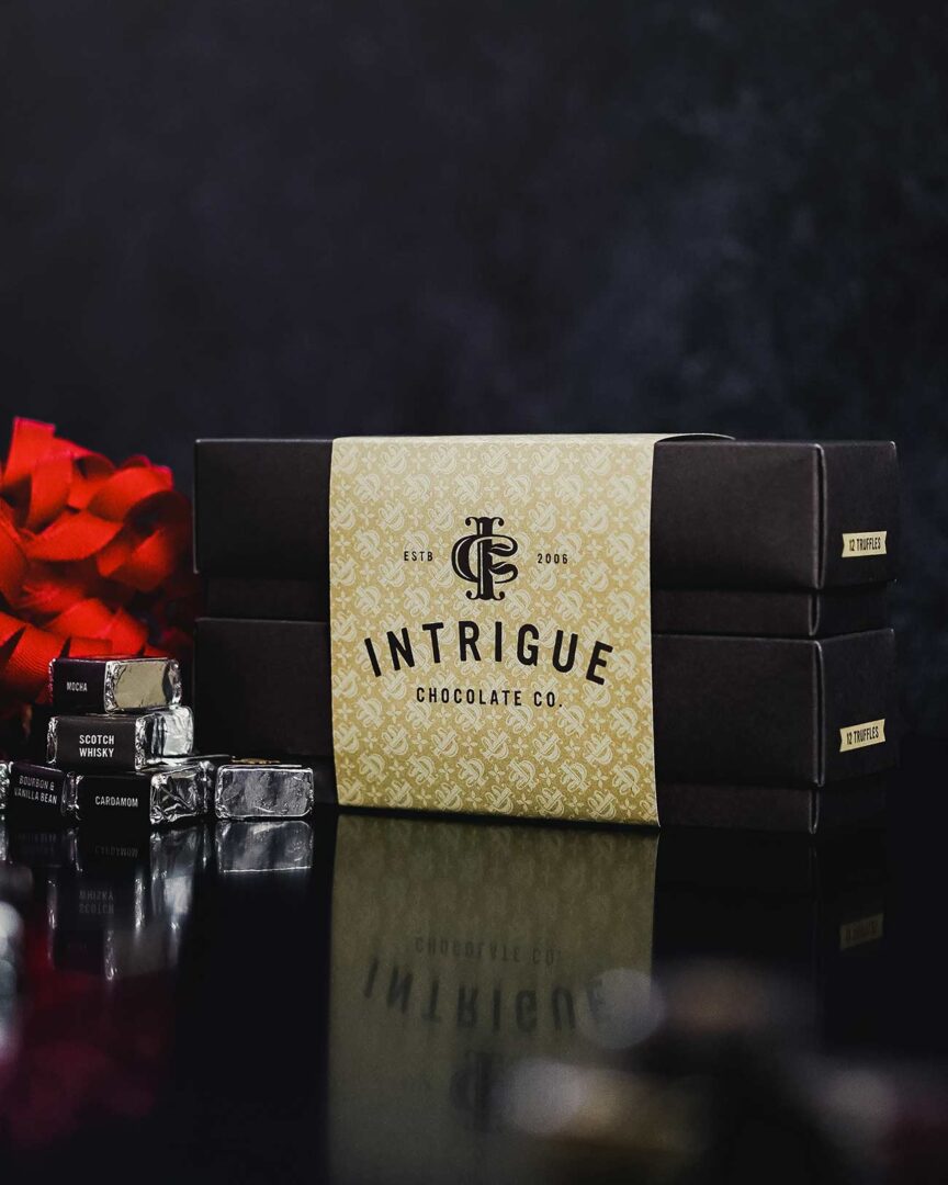 Gift box set of Intrigue chocolates.