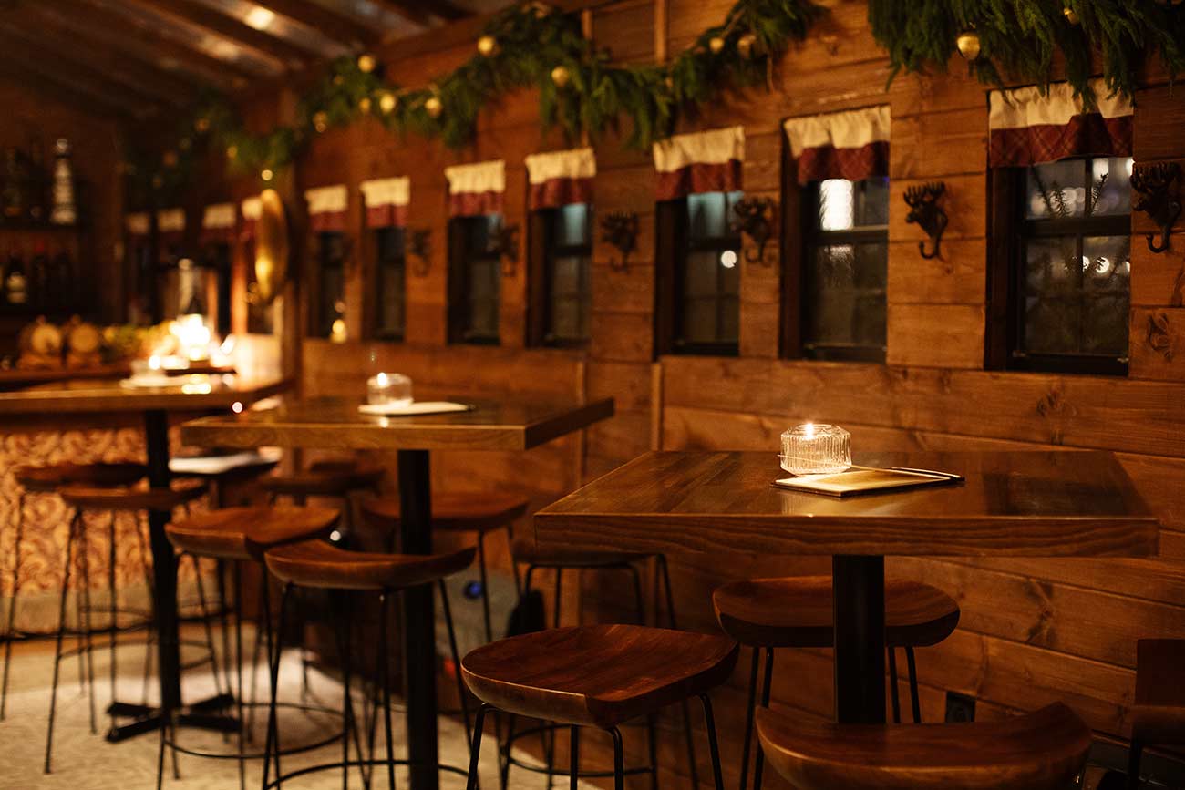 Bar high tops in the Nordic Lodge dining room.