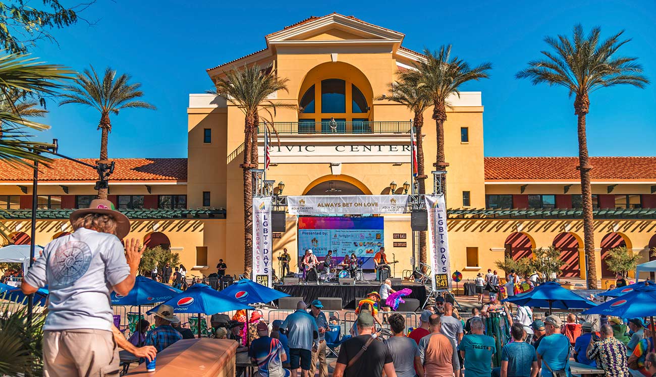 A band plays for a crowd of people at Cathedral City LGBT+ Days.