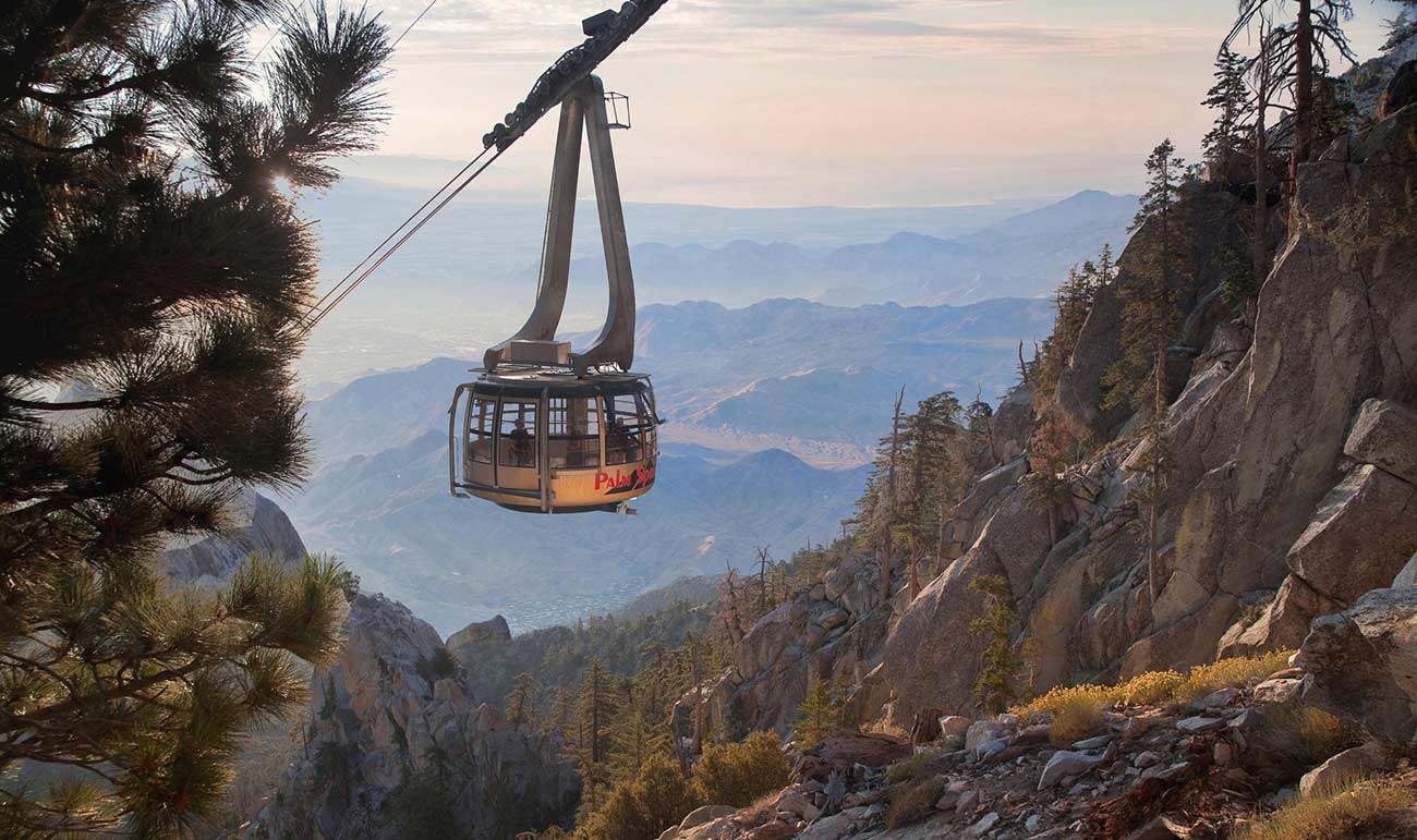 View of the Palm Springs Aerial Tramway going down the mountain side.