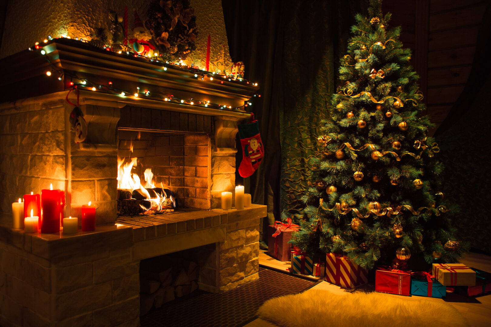 Living room home interior with decorated fireplace and christmas tree