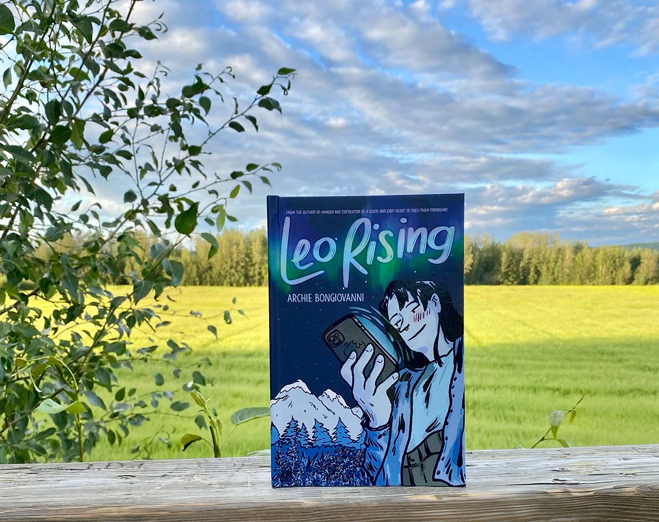 Leo Rising book on a ledge with greenery and sky in the background.